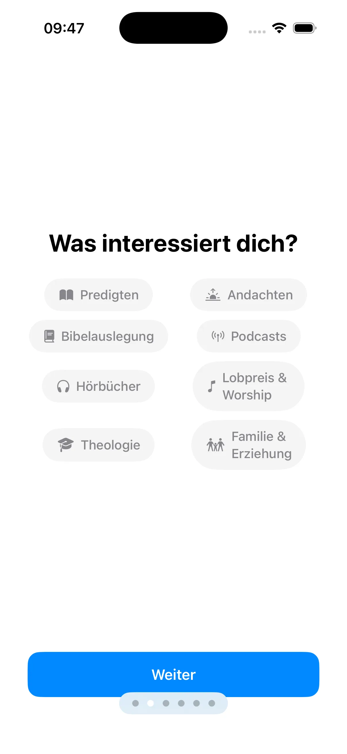 Frage „Was interessiert dich?“ mit acht auswählbaren Feldern