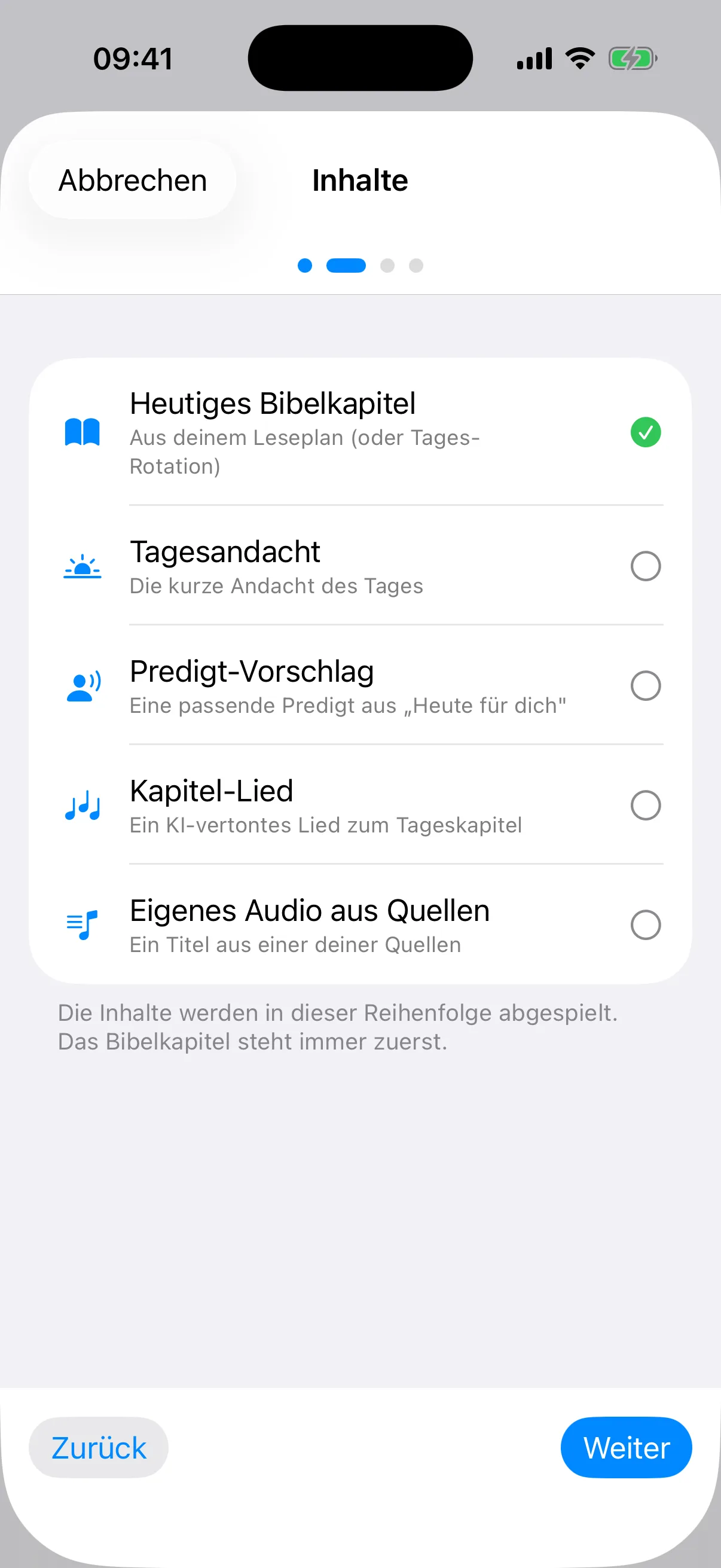 Auswahl der Bausteine: Bibelkapitel, Gedanken, Predigt-Vorschlag, Kapitel-Lied, eigenes Audio