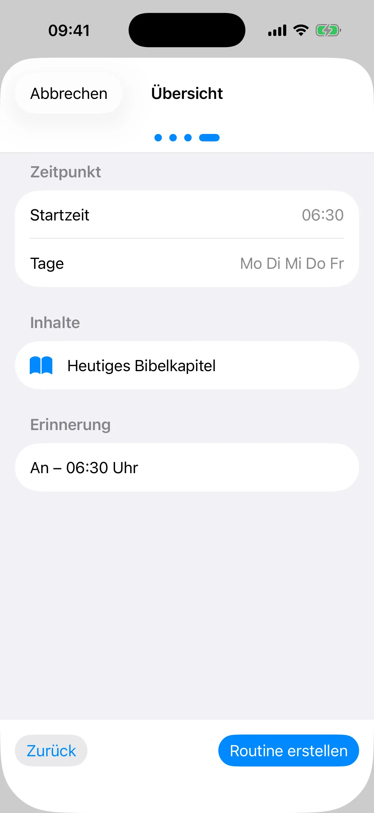 Zusammenfassung vor dem Anlegen der Routine
