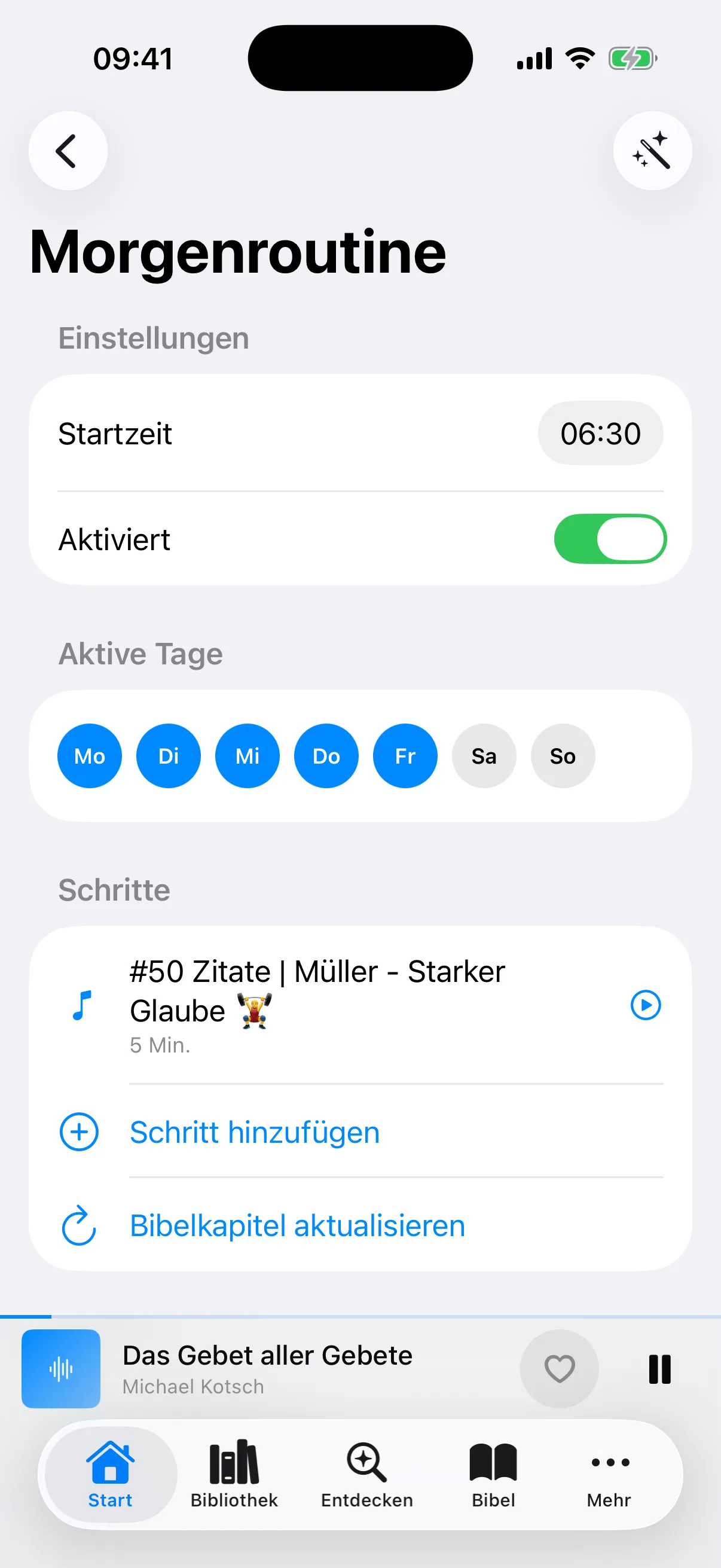 Verwaltung der fertigen Routine mit Schritten, Zeit und Wochentagen