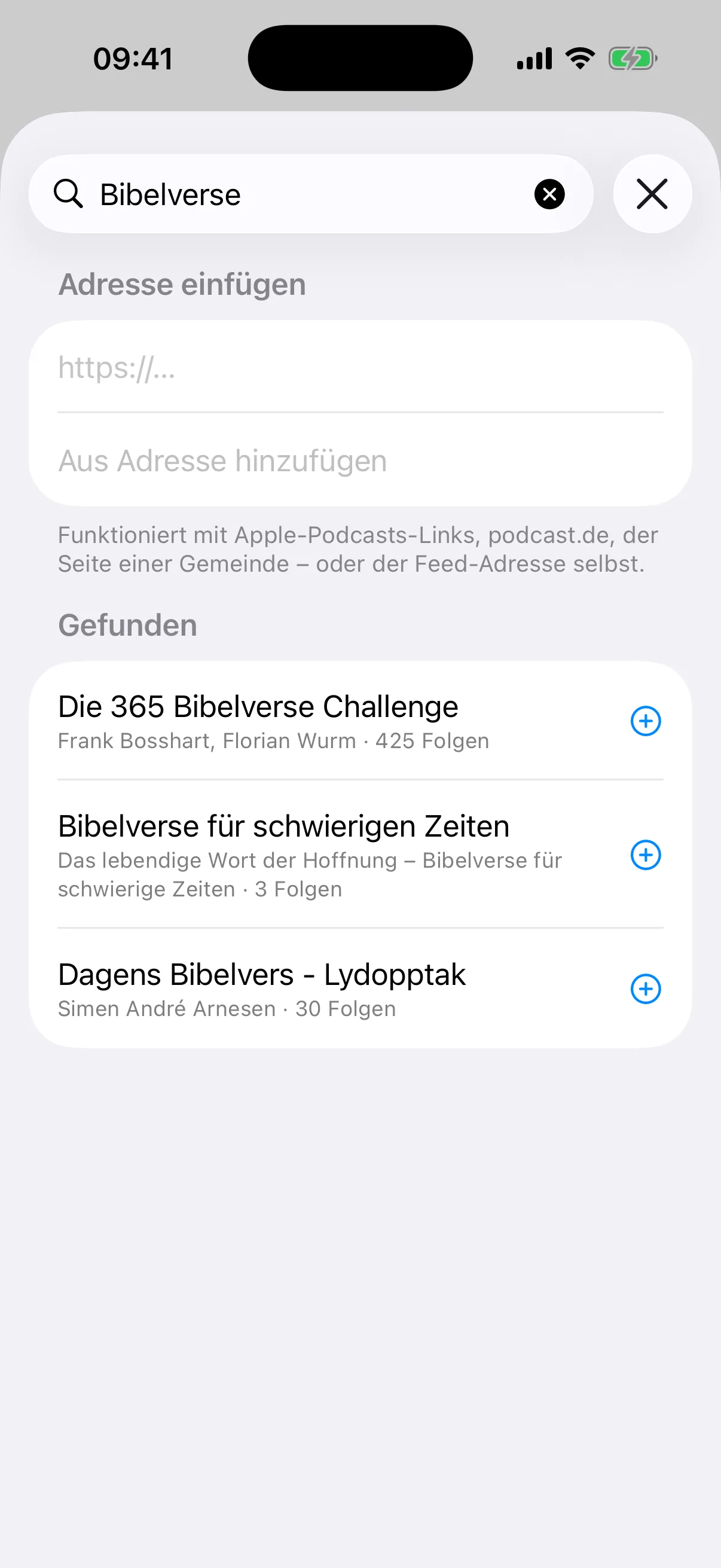 Podcast-Suche mit Treffern und Feld zum Einfügen einer Adresse