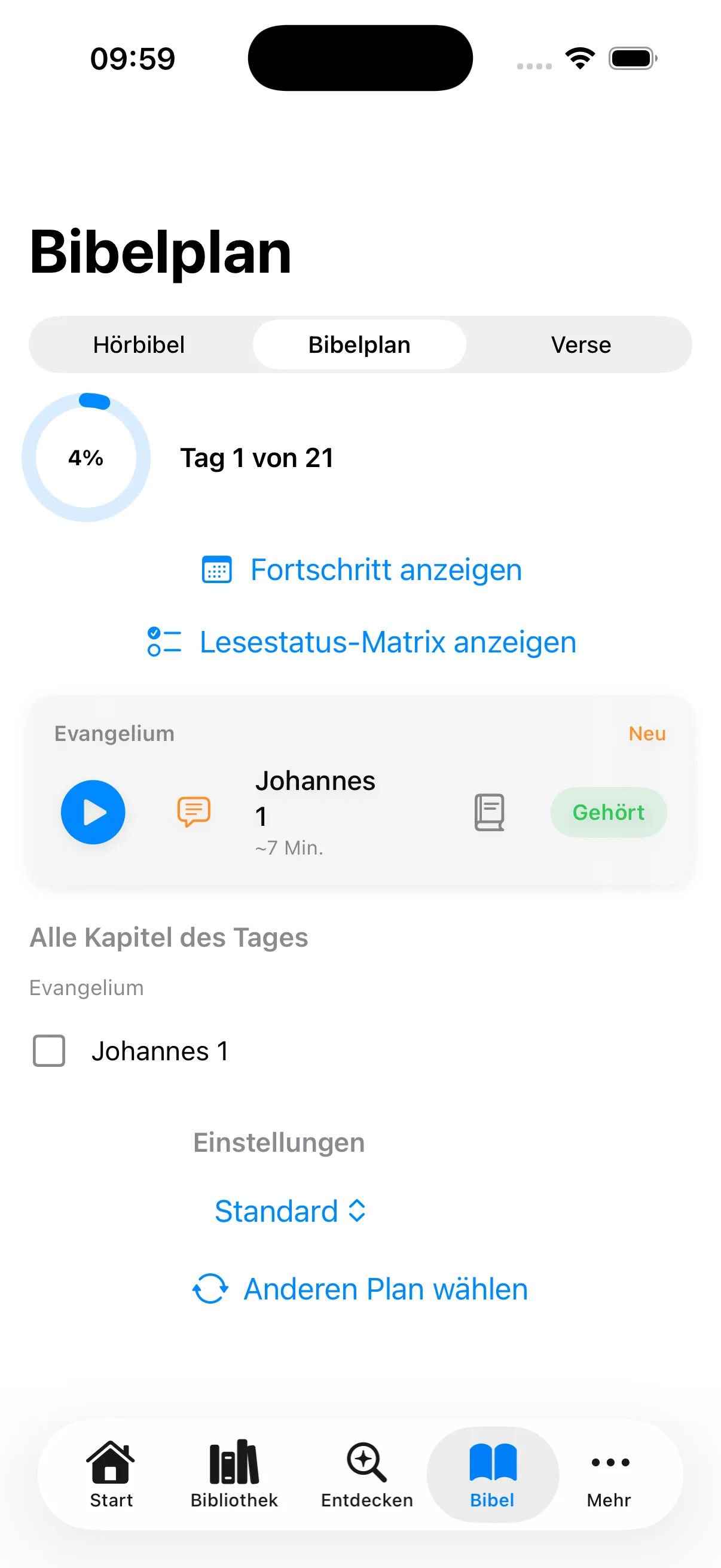Auswahl der Bibelpläne mit Dauer und Tagespensum