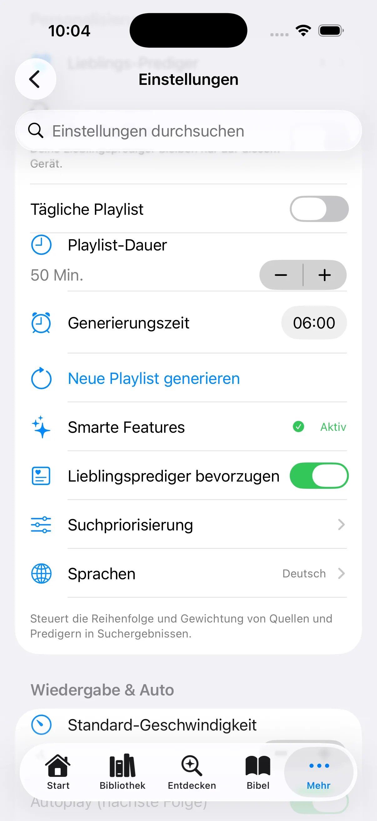 Einstellungen mit täglicher Playlist, Dauer, Generierungszeit und smarten Funktionen
