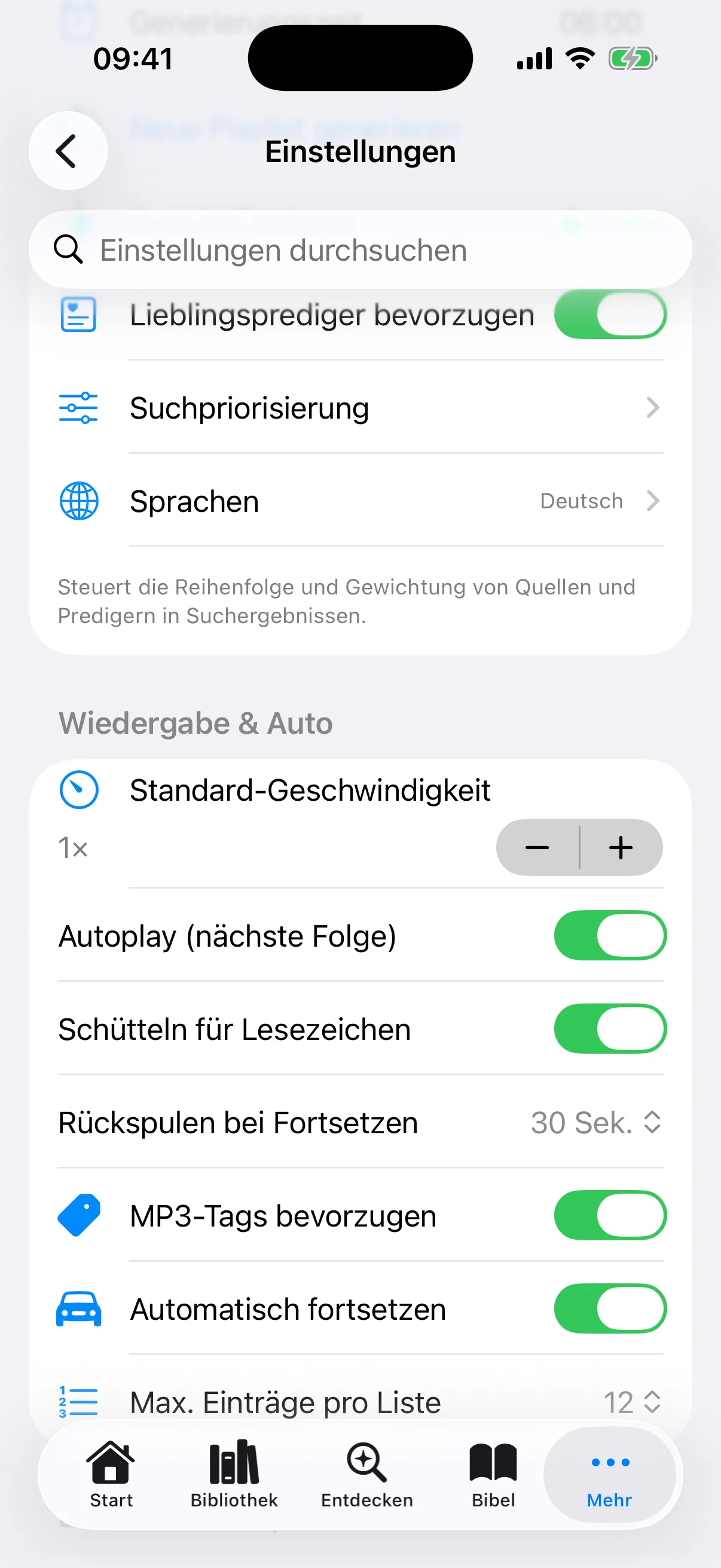 Wiedergabe-Einstellungen: Geschwindigkeit, Autoplay, Rückspulen, Lesezeichen