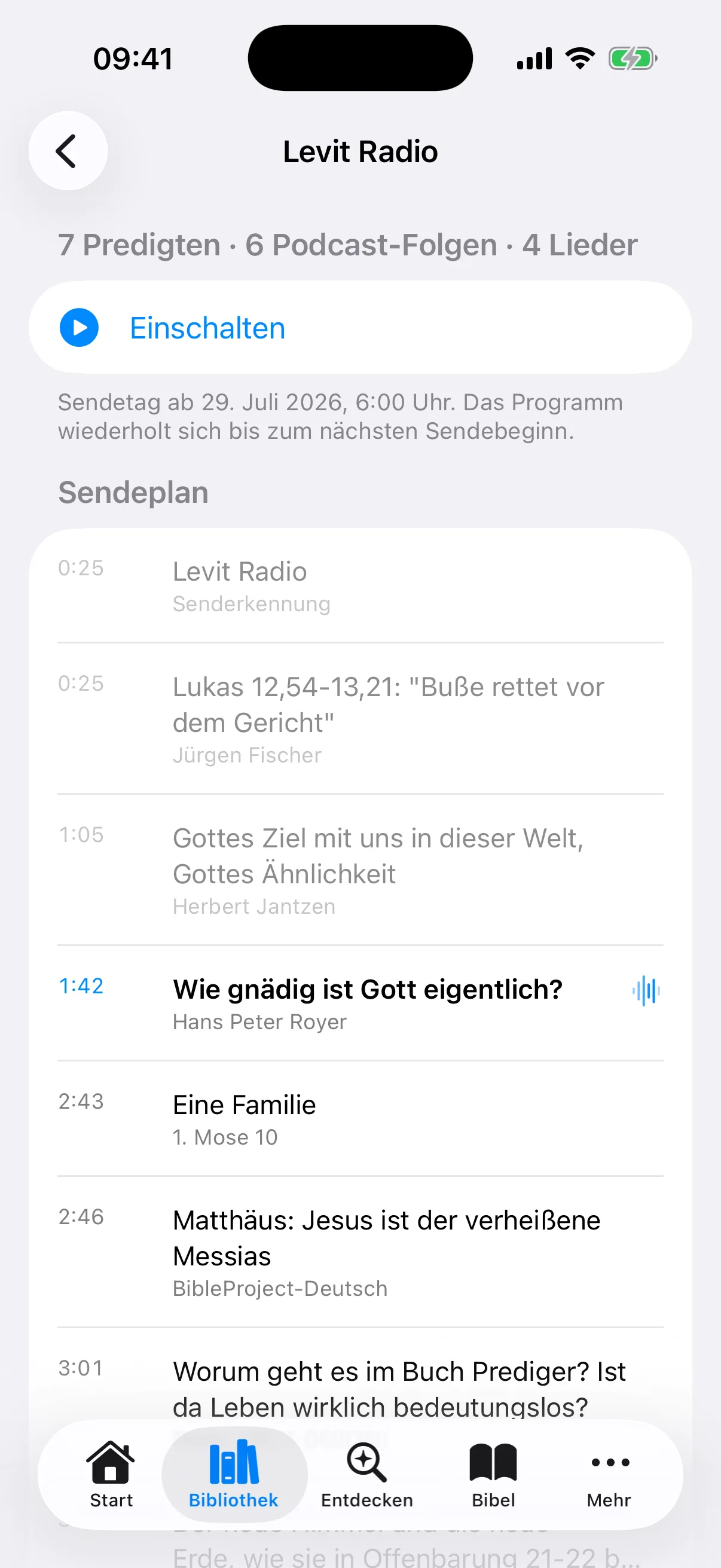 Sendeplan des Levit Radio mit Uhrzeiten, laufendem Beitrag und kommenden Titeln